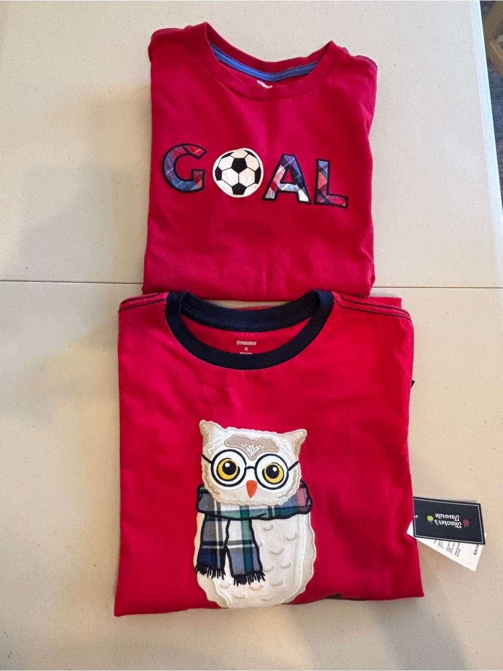 Set/2 Gymboree Red Tee with Owl Patch and Navy Trim and Soccer Tee